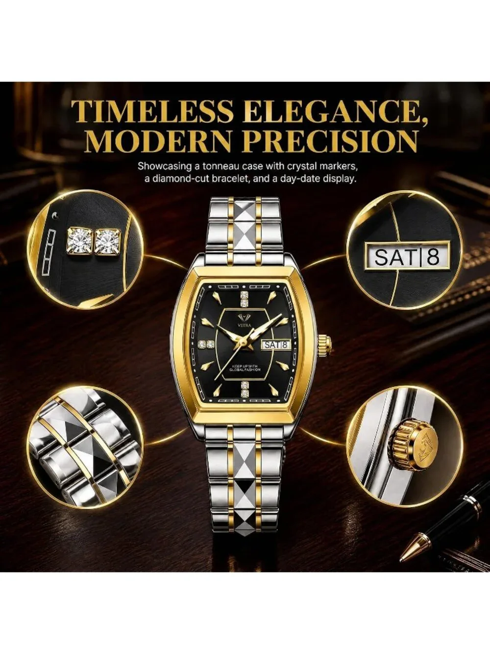 Women's Black Two Tone Stainless Steel Waterproof Casual Dress Date Wrist Watch